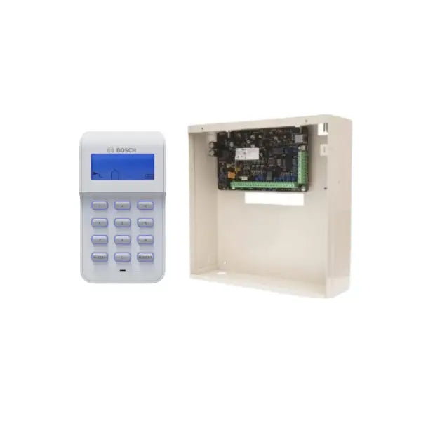 Bosch wireless keypad security system shown with the white keypad unit on the left and the beige mounting box containing the control board on the right, against a plain white background.