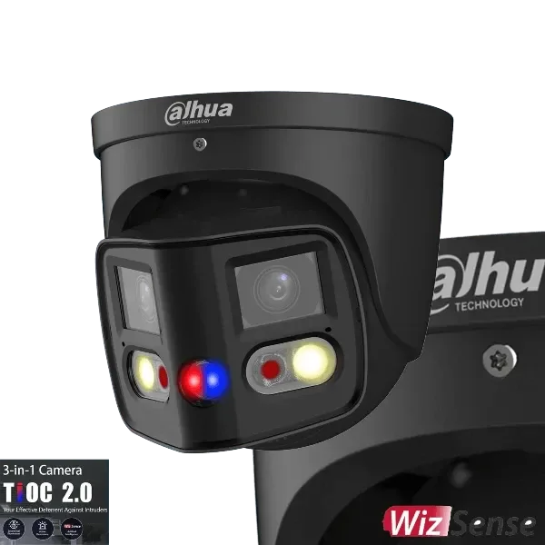 Dahua 2x4MP TIOC 2.0 Active Deterrence Turret Fixed Camera Black, DH-IPC-PDW3849-A180-AS-PV-ANZ-BLK - CTC Communications