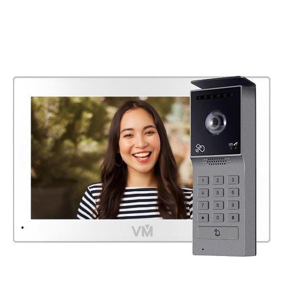 Video doorbell with screen displaying a person's face, featuring the brand 'VM'.