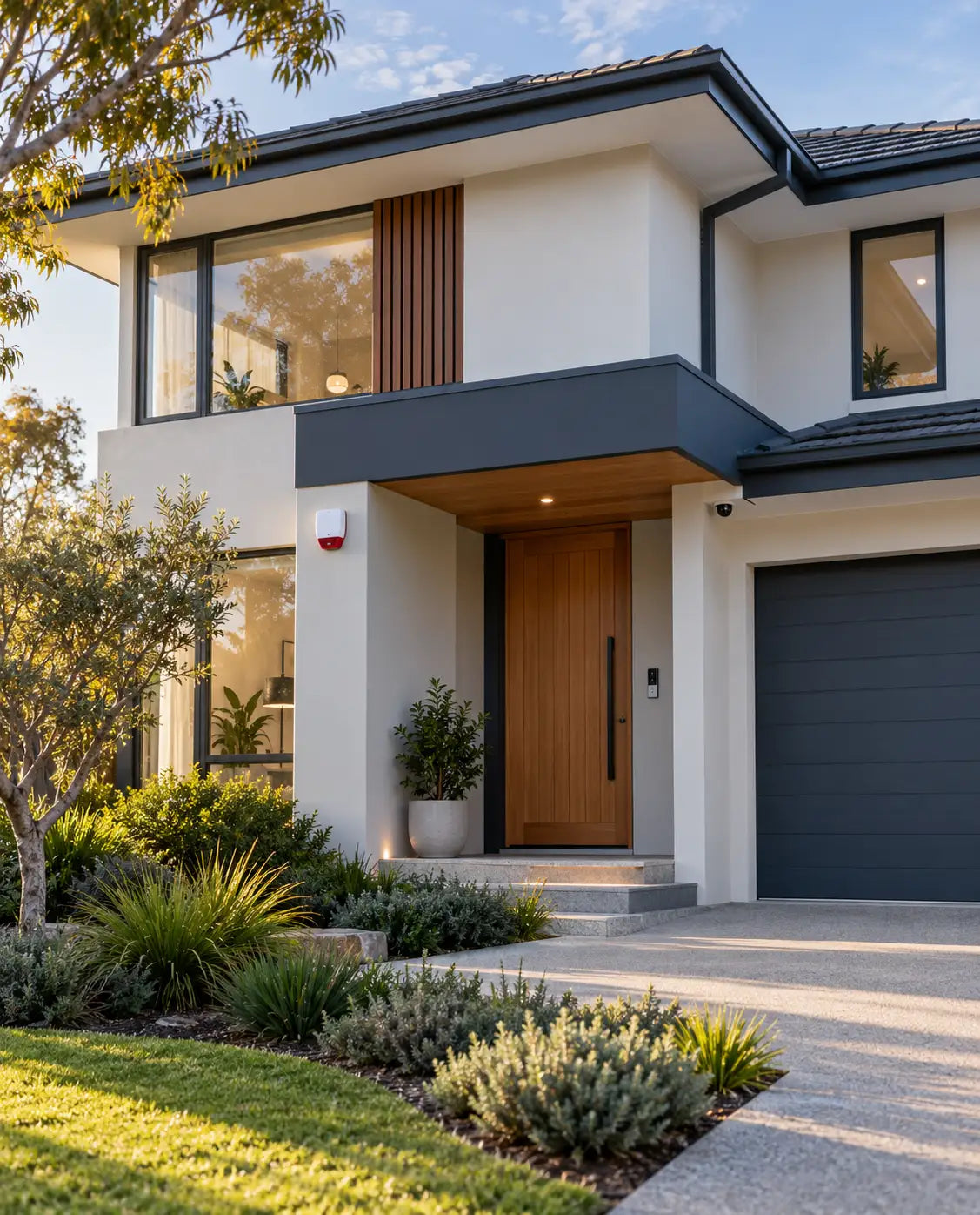 Modern two-story house exterior with cream stucco walls, dark charcoal roof and garage door, a wood front door, landscaped lawn and shrubs, and a concrete driveway.