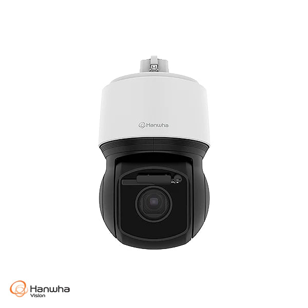 Security camera with white top and black bottom on a white background, featuring Hanwha Vision logo.
